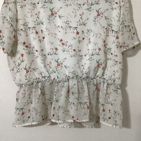 Off White Dainty Floral Fairy Coquette Cottagecore Sheer Ruffle V Neck Blouse XL - Picture 7 of 8
